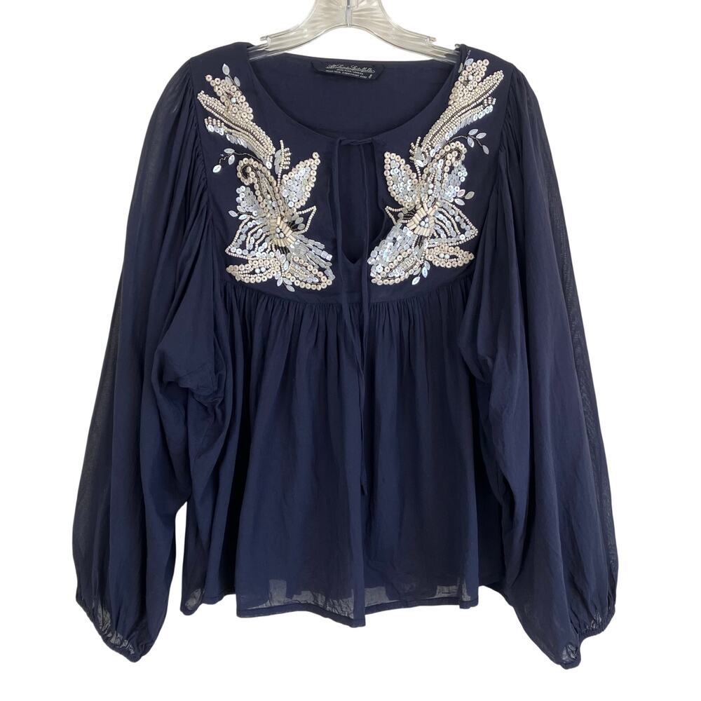 All Saints Sz 8 Dana Top Boho Beaded Peasanst Blouse Tie Neck Black Cream Cotton